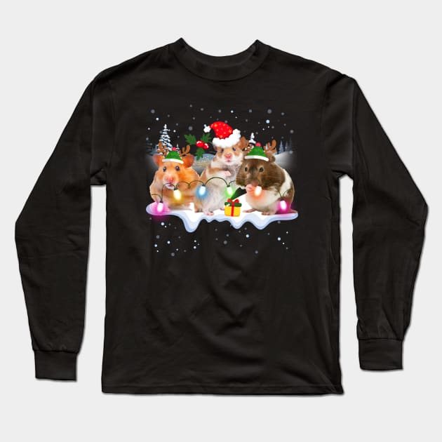 Funny Three Hamster Christmas Lights Santa Hat Xmas Gift Long Sleeve T-Shirt by Norine Linan 